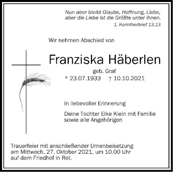 Anzeige von Franziska Häberlen von Schwäbische Zeitung