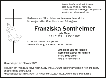 Anzeige von Franziska Sontheimer von Schwäbische Zeitung