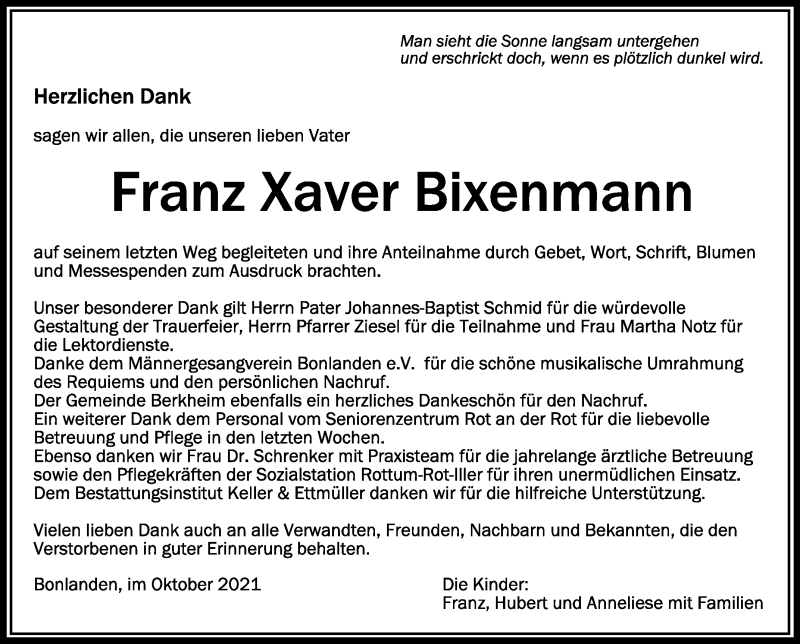  Traueranzeige für Franz Xaver Bixenmann vom 30.10.2021 aus Schwäbische Zeitung