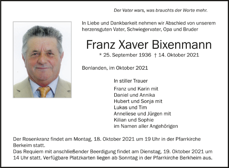  Traueranzeige für Franz Xaver Bixenmann vom 16.10.2021 aus Schwäbische Zeitung