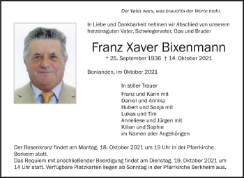 Anzeige von Franz Xaver Bixenmann von Schwäbische Zeitung