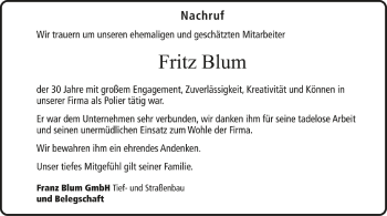 Anzeige von Fritz Blum von Schwäbische Zeitung