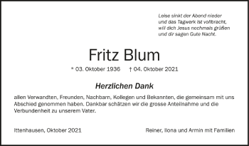 Anzeige von Fritz Blum von Schwäbische Zeitung