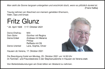 Anzeige von Fritz Glunz von Schwäbische Zeitung