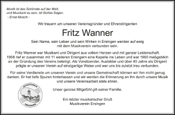 Anzeige von Fritz Wanner von Schwäbische Zeitung