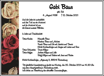 Anzeige von Gabi Baur von Schwäbische Zeitung