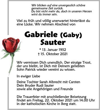 Anzeige von Gabriele Sauter von Schwäbische Zeitung