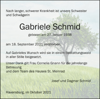 Anzeige von Gabriele Schmid von Schwäbische Zeitung