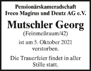 Anzeige von Georg Mutschler von Schwäbische Zeitung