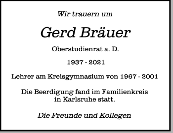 Anzeige von Gerd Bräuer von Schwäbische Zeitung
