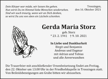 Anzeige von Gerda Maria Storz von Schwäbische Zeitung