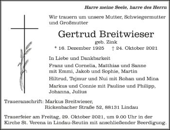 Anzeige von Gertrud Breitwieser von Schwäbische Zeitung