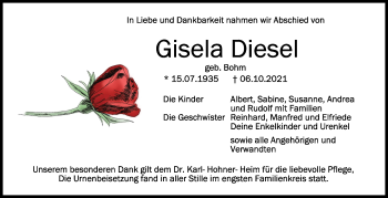 Anzeige von Gisela Diesel von Schwäbische Zeitung