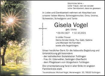 Anzeige von Gisela Vogel von Schwäbische Zeitung
