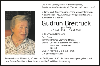 Anzeige von Gudrun Breitruck von Schwäbische Zeitung