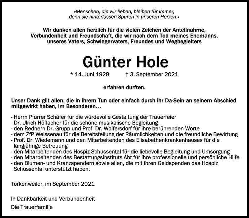  Traueranzeige für Günter Hole vom 02.10.2021 aus Schwäbische Zeitung
