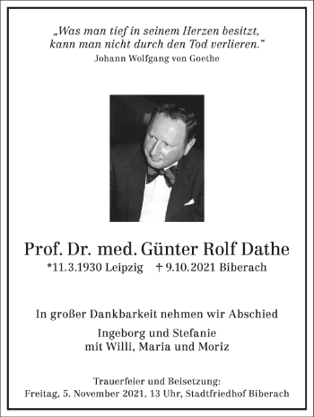 Anzeige von Günter Rolf Dathe von Schwäbische Zeitung