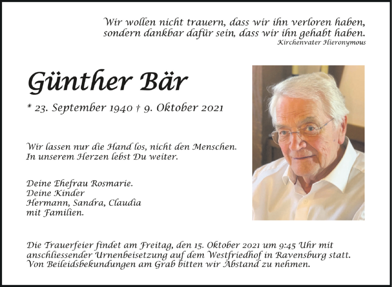  Traueranzeige für Günther Bär vom 13.10.2021 aus Schwäbische Zeitung