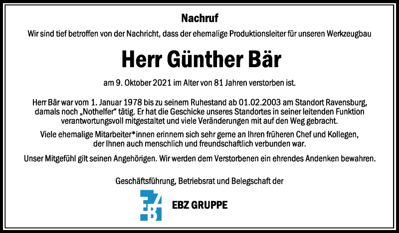  Traueranzeige für Günther Bär vom 14.10.2021 aus Schwäbische Zeitung