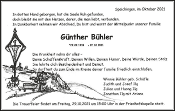 Anzeige von Günther Bühler von Schwäbische Zeitung