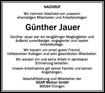 Anzeige von Günther Jauer von Schwäbische Zeitung