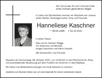 Anzeige von Hanneliese Kaschner von Schwäbische Zeitung