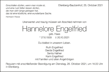 Anzeige von Hannelore Engelfried von Schwäbische Zeitung