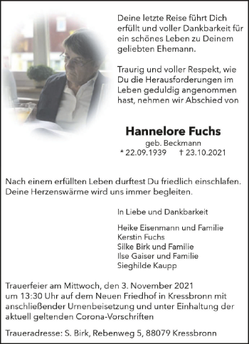 Anzeige von Hannelore Fuchs von Schwäbische Zeitung