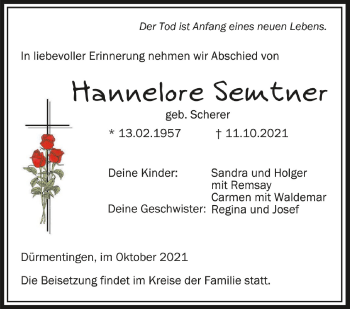 Anzeige von Hannelore Semtner von Schwäbische Zeitung