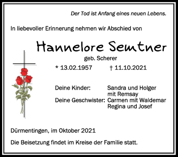 Anzeige von Hannelore Semtner von Schwäbische Zeitung