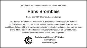 Anzeige von Hans Brombeis von Schwäbische Zeitung