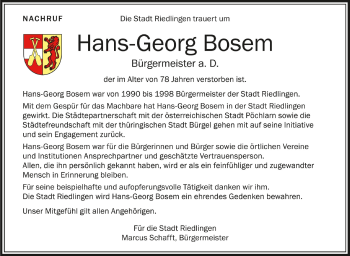 Anzeige von Hans-Georg Bosem von Schwäbische Zeitung