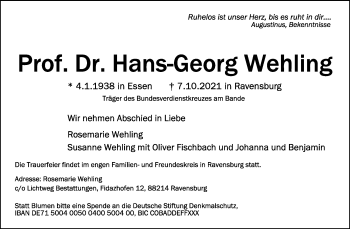 Anzeige von Hans-Georg Wehling von Schwäbische Zeitung