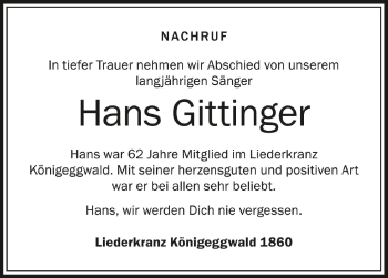 Anzeige von Hans Gittinger von Schwäbische Zeitung