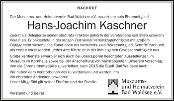 Anzeige von Hans-Joachim Kaschner von Schwäbische Zeitung