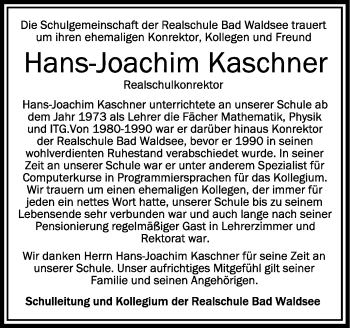 Anzeige von Hans-Joachim Kaschner von Schwäbische Zeitung