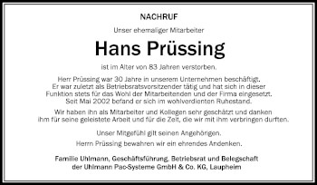 Anzeige von Hans Prüssing von Schwäbische Zeitung