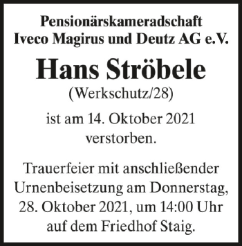 Anzeige von Hans Ströbele von Schwäbische Zeitung