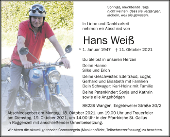 Anzeige von Hans Weiß von Schwäbische Zeitung