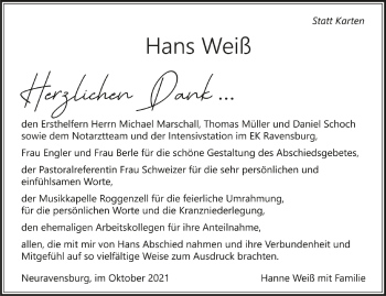 Anzeige von Hans Weiß von Schwäbische Zeitung