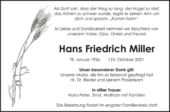Anzeige von Hans Friedrich Miller von Schwäbische Zeitung