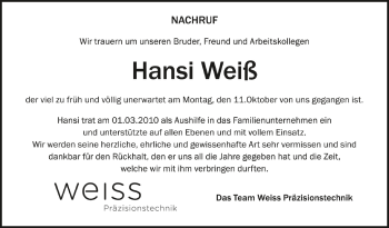 Anzeige von Hansi Weiß von Schwäbische Zeitung