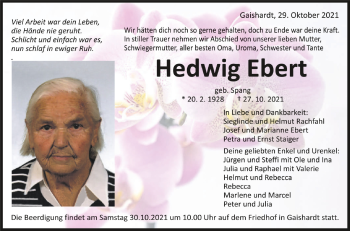 Anzeige von Hedwig Ebert von Schwäbische Zeitung