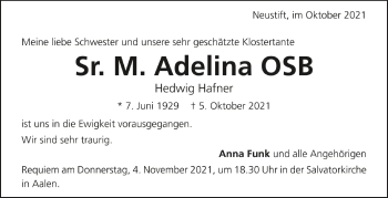 Anzeige von Hedwig Hafner von Schwäbische Zeitung
