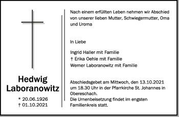 Anzeige von Hedwig Laboranowitz von Schwäbische Zeitung