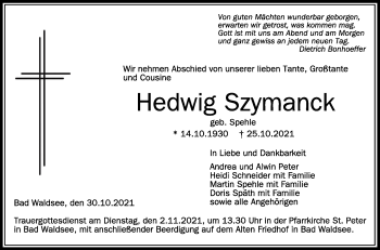 Anzeige von Hedwig Szymanck von Schwäbische Zeitung