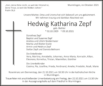 Anzeige von Hedwig Katharina Zepf von Schwäbische Zeitung