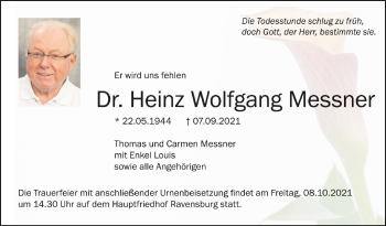 Anzeige von Heinz Wolfgang Messner von Schwäbische Zeitung