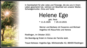 Anzeige von Helene Ege von Schwäbische Zeitung