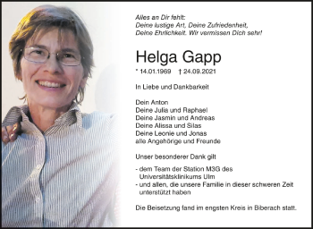 Anzeige von Helga Gapp von Schwäbische Zeitung